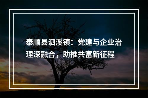 泰顺县泗溪镇：党建与企业治理深融合，助推共富新征程